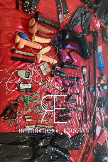 A red latex sheet with sex toys on it 