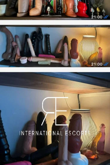 Different colour dildos on a shelf 